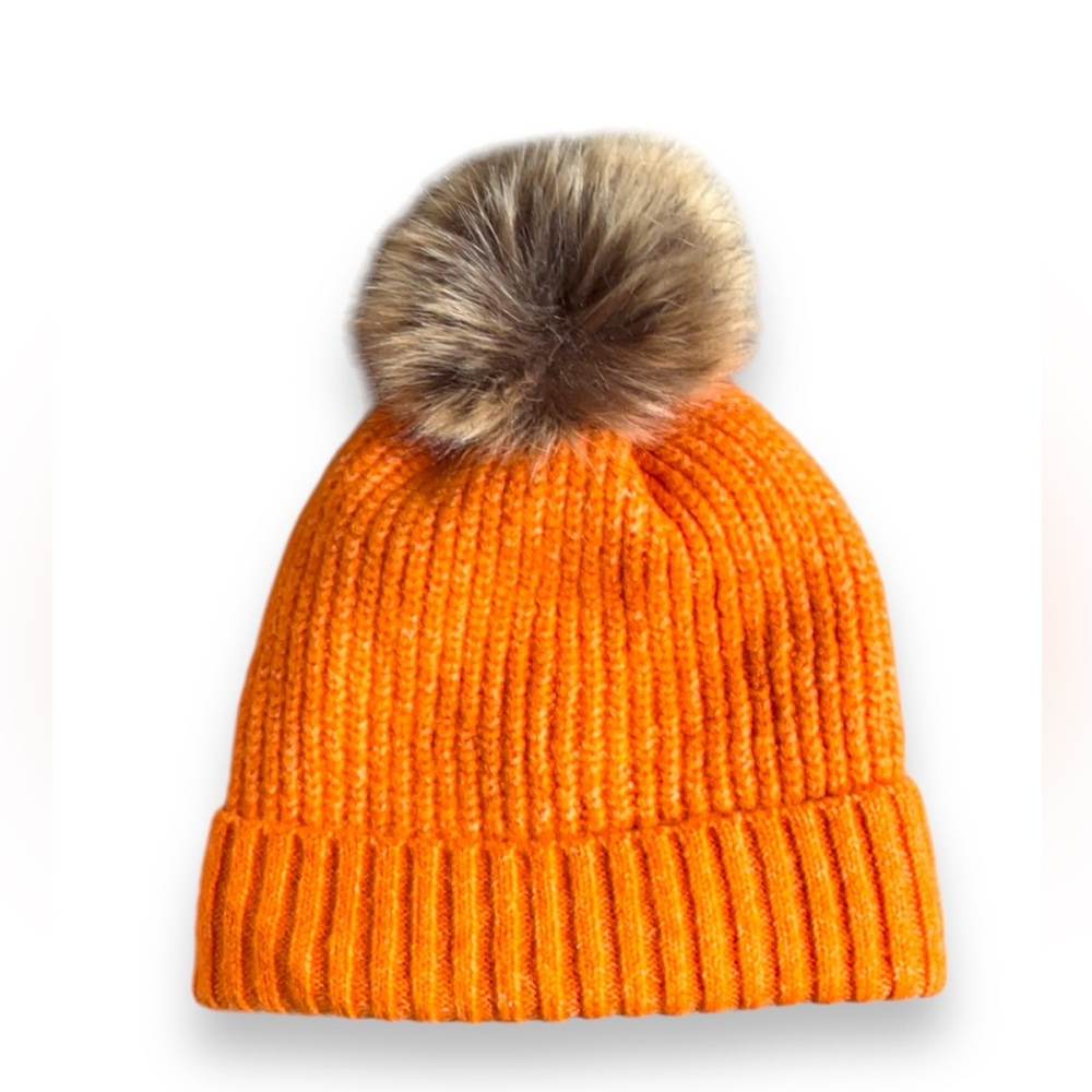 Shiraleah Orange Chunky Knit Pom Pom Beanie Hat Cozy Fall Winter One Size